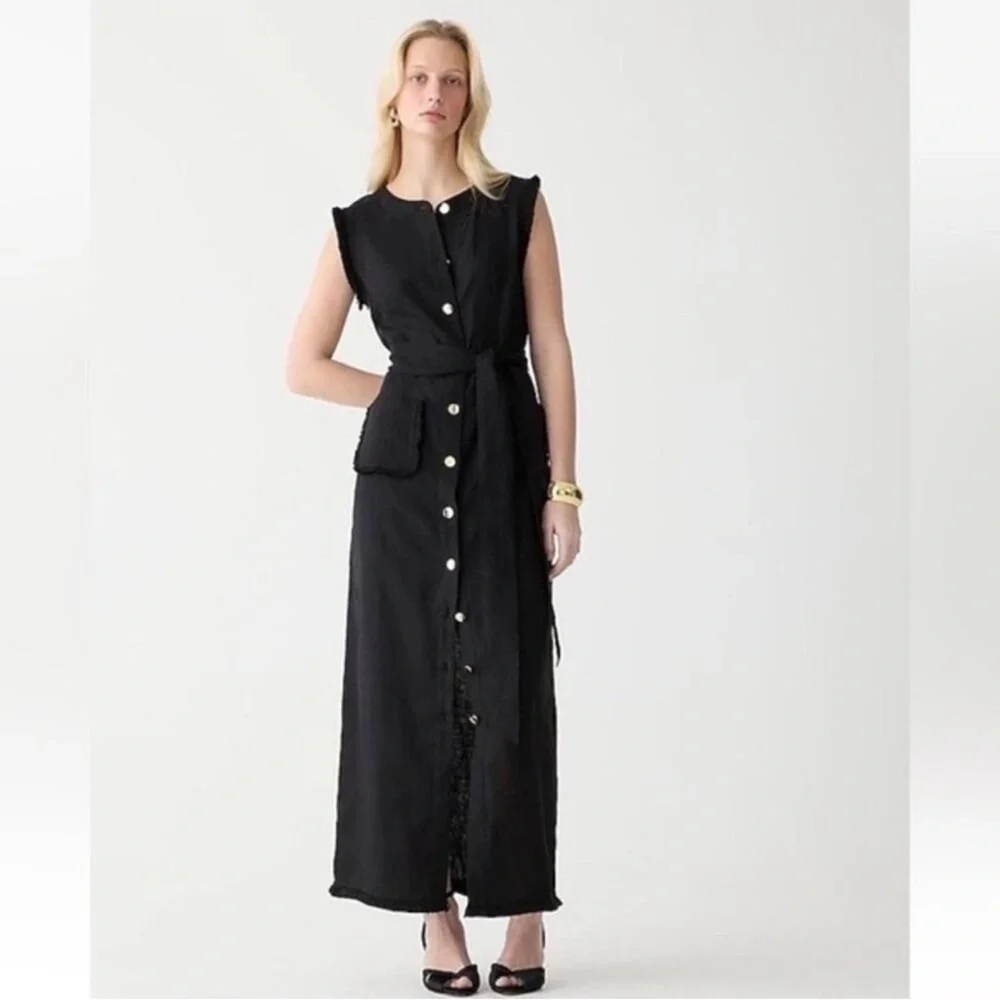 J. Crew linen Sleeveless Button-Front Maxi Dress with Waist Tie size M